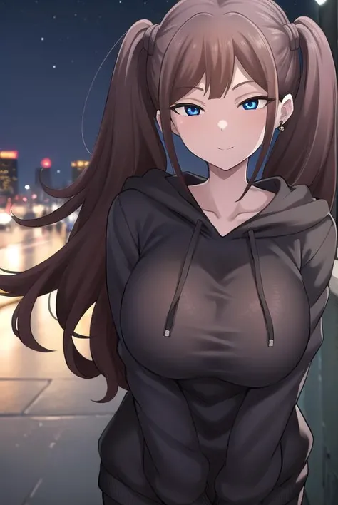 tsubamentr, <lora:tsubamentr-lora-nochekaiser:1>,
tsubame ntr, long hair, blue eyes, brown hair, twintails, (large breasts:1.2), smile,
BREAK long sleeves, jewelry, pantyhose, earrings, hood, black pantyhose, hoodie, hood down, ear piercing, watch, blue hoodie,
BREAK outdoors, city, night, sky, star \(sky\),
BREAK looking at viewer, (cowboy shot:1.5),
BREAK <lyco:GoodHands-beta2:1>, (masterpiece:1.2), best quality, high resolution, unity 8k wallpaper, (illustration:0.8), (beautiful detailed eyes:1.6), extremely detailed face, perfect lighting, extremely detailed CG, (perfect hands, perfect anatomy),