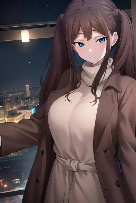 tsubamentr, <lora:tsubamentr-lora-nochekaiser:1>,
tsubame ntr, long hair, blue eyes, brown hair, twintails, (large breasts:1.2), smile,
BREAK coat, brown coat, turtleneck,
BREAK outdoors, city, night, sky, star \(sky\),
BREAK looking at viewer, (cowboy shot:1.5),
BREAK <lyco:GoodHands-beta2:1>, (masterpiece:1.2), best quality, high resolution, unity 8k wallpaper, (illustration:0.8), (beautiful detailed eyes:1.6), extremely detailed face, perfect lighting, extremely detailed CG, (perfect hands, perfect anatomy),