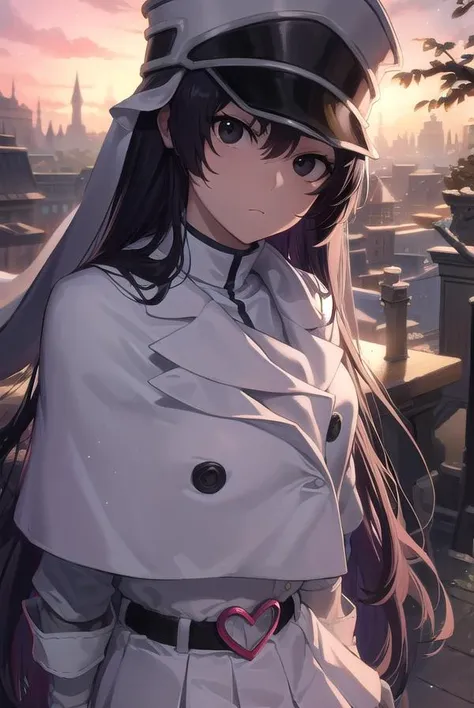 anime girl in uniform standing on a rooftop with a city in the background