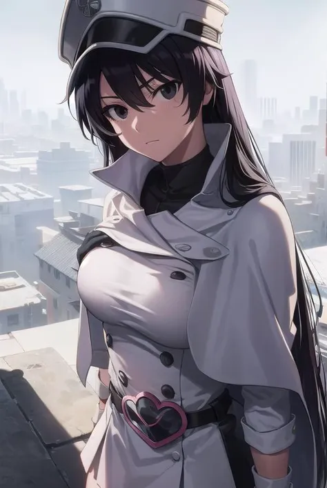 a woman in a uniform standing on a ledge with a city in the background