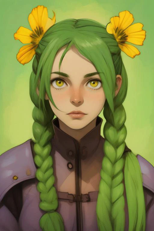 cowboy shot, solo, 1girl, :>, looking at viewer, green hair, cornrows, yellow eyes, bright, Sweet_Pea \(flower\), floral background <lora:toi8_style_v01:1>
