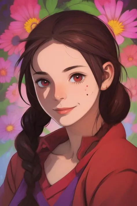 portrait, solo, 1girl, seductive smile, looking at viewer, dark brown hair, braided bangs, red eyes, glittering light, Ageratum \(flower\), floral background <lora:toi8_style_v01:1>
