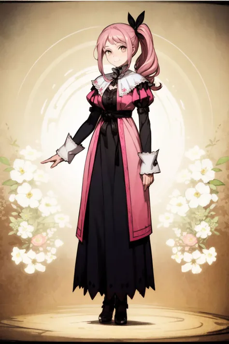 full body, solo, 1girl, kind smile, looking at viewer, pink hair, side ponytail, light brown eyes, god rays, Queen_Anne's_Lace \(flower\), floral background <lora:toi8_style_v01:1>