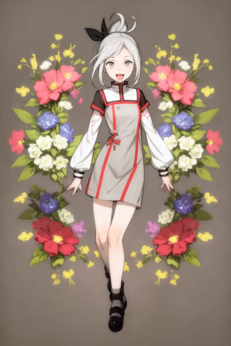 full body, solo, 1girl, :D, looking at viewer, light grey hair, folded ponytail, beige eyes, dim light, Nephrolepis \(flower\), floral background <lora:toi8_style_v01:1>