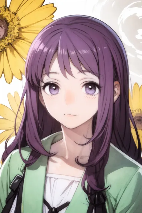 portrait, solo, 1girl, :3, looking at viewer, purple hair, big hair, grey eyes, dim light, Summer's_Darling \(flower\), floral background <lora:toi8_style_v01:1>