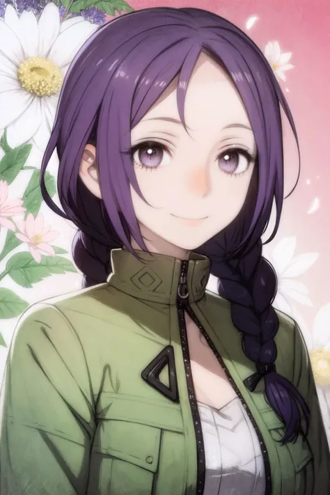 upper body, solo, 1girl, seductive smile, looking at viewer, purple hair, braid, white eyes, no light, Sage_Perennial \(flower\), floral background <lora:toi8_style_v01:1>