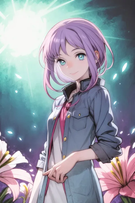 cowboy shot, solo, 1girl, kind smile, looking at viewer, light purple hair, straight hair, aqua eyes, backlighting, Lily_Stargazer \(flower\), floral background <lora:toi8_style_v01:1>