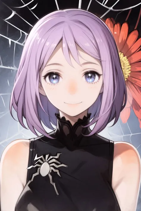 portrait, solo, 1girl, kind smile, looking at viewer, light purple hair, hair intakes, dark blue eyes, glittering light, Spider_Mums \(flower\), floral background <lora:toi8_style_v01:1>