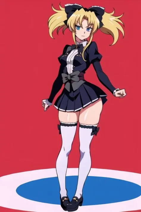 1girl,blonde hair,thighhighs,blue eyes,twintails,hair bow,hair ribbon,black bow,small breast,<lora:Mittelt _ High School Dx}D:0.7>,pleated skirt,Standing, hands forming a heart shape,