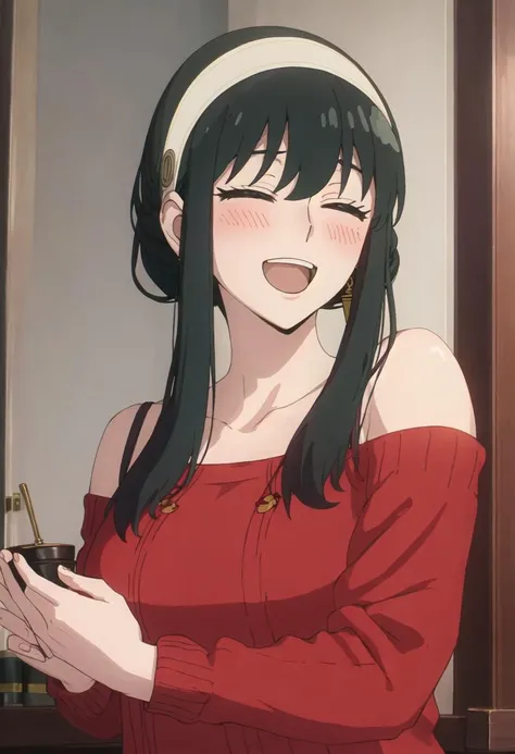 best quality, masterpiece, highres, solo, {yor_briar_spyxfamily:0.90}, 1girl, open_mouth, jewelry, red_sweater, own_hands_together, smile, upper_body, blush, closed_eyes