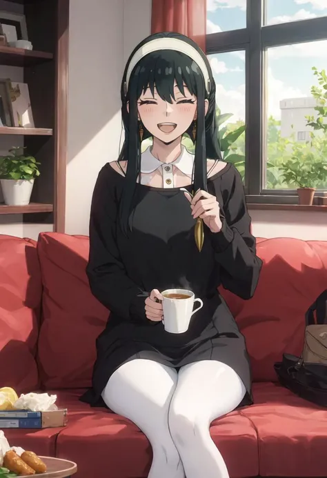 best quality, masterpiece, highres, solo, {yor_briar_spyxfamily:0.90}, 1girl, holding_cup, sitting, smile, couch, long_sleeves, pantyhose, short_hair_with_long_locks, window, indoors, striped_shirt, closed_eyes, open_mouth, upper_teeth_only