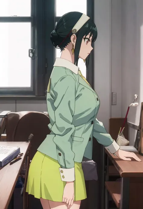 best quality, masterpiece, highres, solo, {yor_briar_spyxfamily:0.90}, 1girl, green_vest, long_sleeves, office_lady, from_side, green_skirt, indoors, pencil_skirt, profile, white_shirt, collared_shirt, formal, gold_earrings