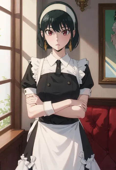 ((best quality)), ((highly detailed)), masterpiece, detailed face, beautiful face, (detailed eyes, deep eyes), (1girl), cowboy shot, <lora:yor4:.9>, yor, black hair, short hair, short hair with long locks, bangs, sidelocks, white hairband, red eyes, (black) dress, sleeveless dress, black thighhighs