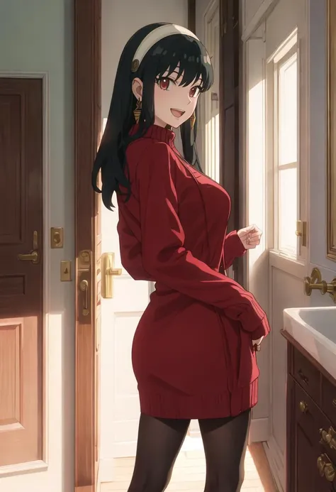 masterpiece, best quality, highres, bbyorf, long hair, white hairband, red eyes, gold earrings, large breasts, jewelry, off shoulder, red sweater, sweater dress, long sleeves, black pantyhose, cowboy shot, standing, from below, spread legs