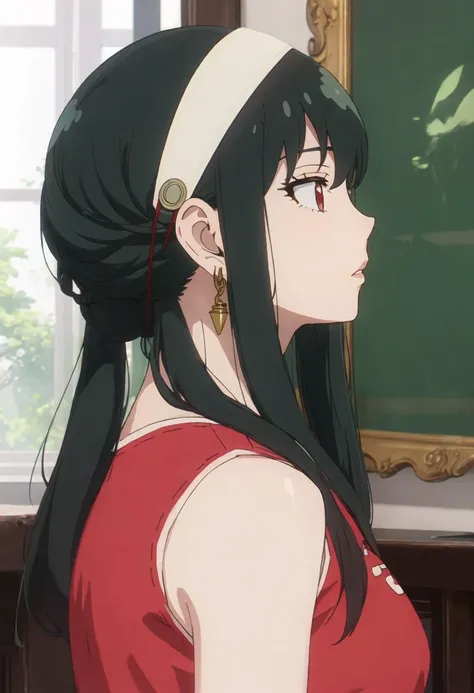 yor, Mature female, bangs, side locks, Red eyes, Black hair, hair adornments,big breasts,sportrait, (face:1.2), schoolgirls, ssmile,bare shoulders, Black hair, cherry blossom, cleavage, (Robe:1.21), clavicle, Willow Branch, (masterpiece best quality :1.2),