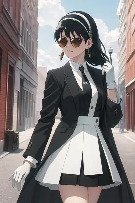 best quality, masterpiece, highres, solo, {black business suit:1.40}, {tie:1.20}, {sunglasses:1.25}, {white gloves:1.15}, {white shirt:1.10}, {black skirt:1.15}, {smoking:1.20}, handsome, {yor_briar_spyxfamily:1.15}, black_hair, hairband, red_eyes, sidelocks, white_hairband, jewelry, earrings, bangs, long_hair
