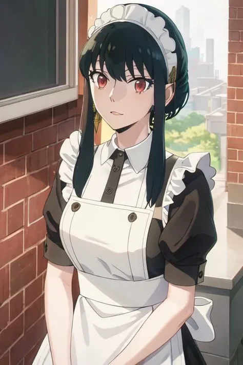 best quality, masterpiece, highres, solo, {maid:1.40}, {long maid dress:1.15}, {yor_briar_spyxfamily:1.15}, black_hair, hairband, red_eyes, sidelocks, white_hairband, jewelry, earrings, bangs, long_hair