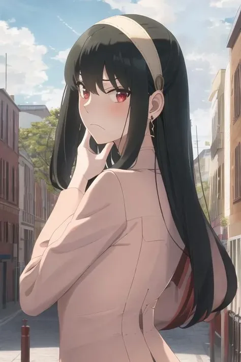 best quality, masterpiece, highres, solo, {yor_briar_spyxfamily:1.15}, black_hair, hairband, red_eyes, sidelocks, white_hairband, jewelry, earrings, bangs, long_hair, 1girl, frown, looking_at_viewer, outdoors, sky, building, closed_mouth, cloud, upper_body, looking_back