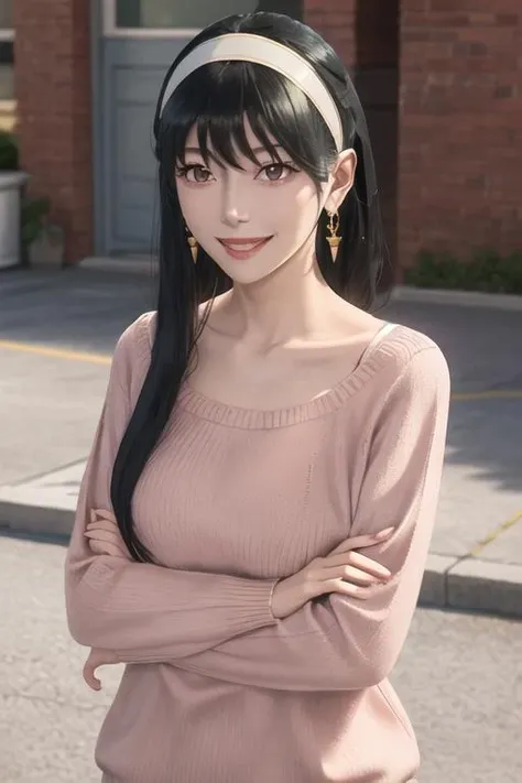 best quality, masterpiece, highres, solo, {yor_briar_spyxfamily:1.15}, black_hair, hairband, red_eyes, sidelocks, white_hairband, jewelry, earrings, bangs, long_hair, 1girl, collarbone, closed_mouth, red_sweater, sweater, smile
