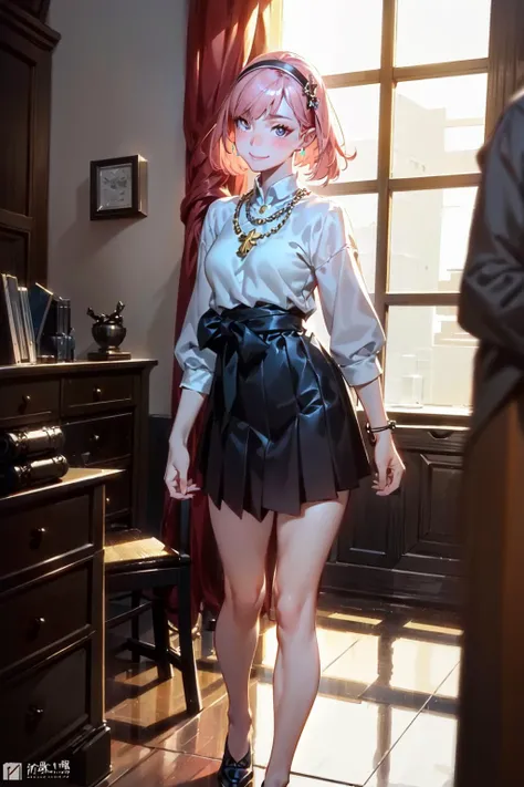 embarassed blushing, standing pose, xiaolin, wzjbxzh,beautiful detailed girl, black eyes, solo, (((smile))), looking at viewer, long hair, School uniform, pleated skirt, background blurry, ceremonial dress, encrusted in glittering crystals, (large aperture: 1.2), pink hair, necklace, earrings,cute,1girl,19 yo,(bob cut hair),makeup,(light blue shinny contact lens), (light pink eye shadow),(haunting smile),(moist lips),narrow waist,(slim),(white_skin),blush, shy,outdoor, bright light, overexposed, simple clean blurred background, waist up, bust up,upper body:1.3, half body:1.4, indoor,bed,chairs,fullbody_photoshoot:0.7, solo girl turns her head to the side, staring at camera,masterpiece, best quality, ultra highres, 8k, RAW photo, (soft focus:1.4),photo realistic,realcumAI ,film grain, (lens distortion:0.7), (chromatic aberration:0.7), intricate,cinematic lighting,cinematic,depth of field, perfect, hyper-detailed, ultra realistic, intricate details, tonemapping,hyper detailed, a character portrait by senior character artist, trending on Artstation,(moody lighting:1.5), (detailed face:1.2), (kawaii:1.2), beautiful face, (((skin imperfections))),smart,Shorts, fashionable,, <lora:xiaolin1.0:0.8>