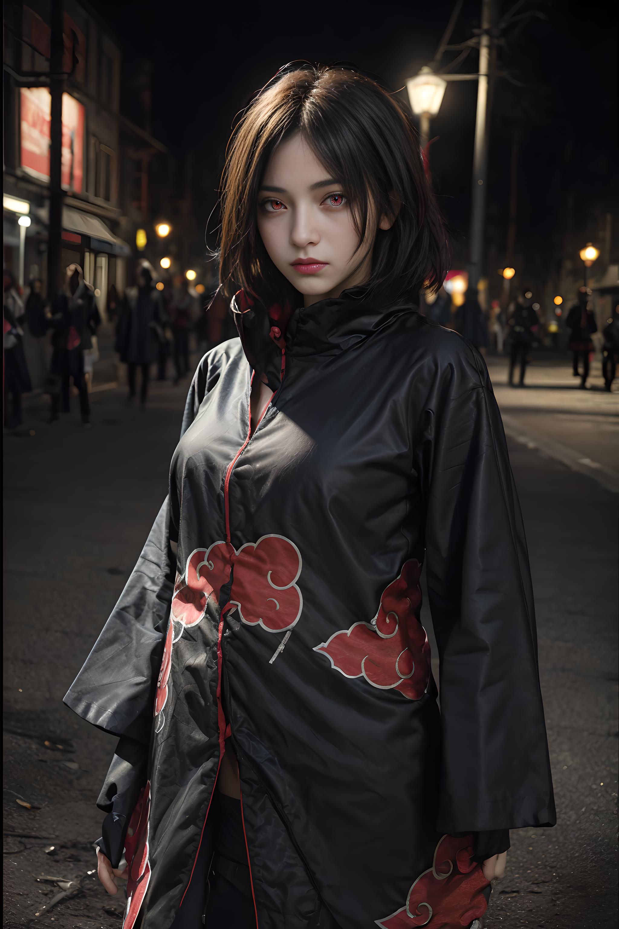 Arafed woman in a black coat standing on a street at night - SeaArt AI