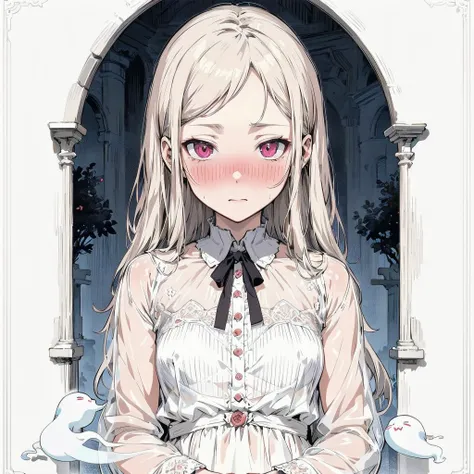 masterpiece,illustration,(muted color,partially colored:0.8),hand_drawn,detailed linear hatching\(texture\),official art,recolored,flat color,1girl,ghost,see-through,blush,grave,