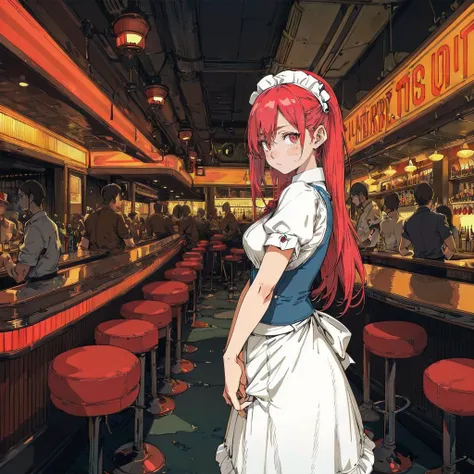 best_quality,Raw,illustration,(muted color,partially colored:0.8),detailed linear hatching\(texture\),official art,recolored,flat color,
night,bar,1girl,waitress,casino,underground,busy,