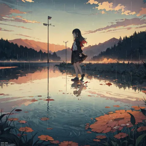 best_quality,Raw,illustration,(muted color,partially colored:0.8),detailed linear hatching\(texture\),official art,recolored,flat color,1girl,bloody_rain,reflection,lake,