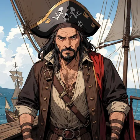 best_quality,Raw,illustration,(muted color,partially colored:0.8),detailed linear hatching\(texture\),official art,recolored,flat color BREAK
captain blackbeard, 48yo,on deck of an old pirate ship, ancient sable in a rised hand, highly detailed face, highly detailed ancient clothing,