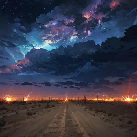 best_quality,Raw,illustration,(muted color,partially colored:0.8),detailed linear hatching\(texture\),official art,recolored,flat color,
night,desert,deep sky,thunder clouds,star,