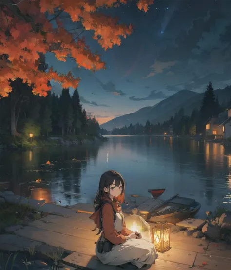 best_quality,Raw,illustration,official art,(muted color,partially colored:0.8),detailed linear hatching\(texture\),recolored,flat color,night,1girl,curvy,lovely,lake,