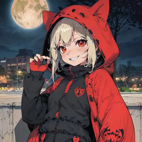 best_quality,Raw,illustration,(muted color,partially colored:0.8),detailed linear hatching\(texture\),official art,recolored,flat color,
night,1girl,kigurumi,cosplay,evil smile,park,