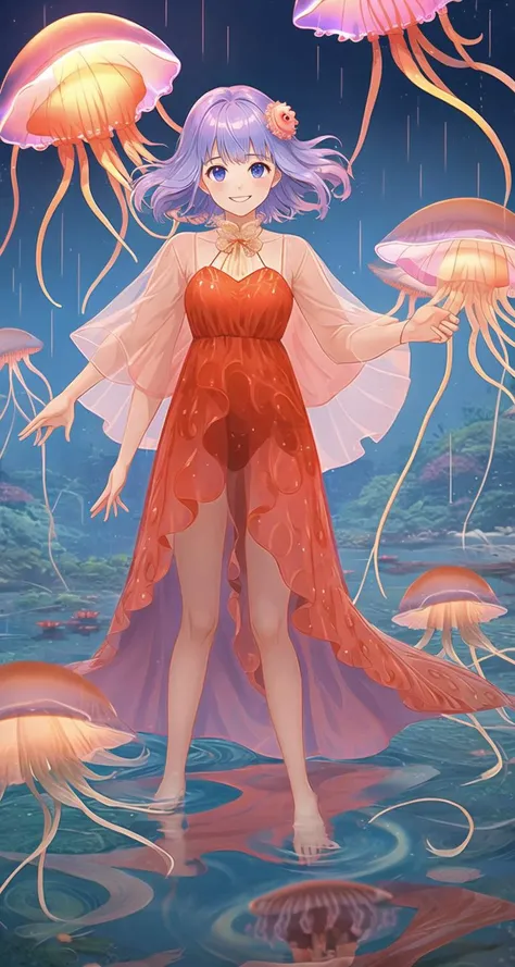 1girl,smile,bloody_rain,reflection,glowing jellyfish,lake,