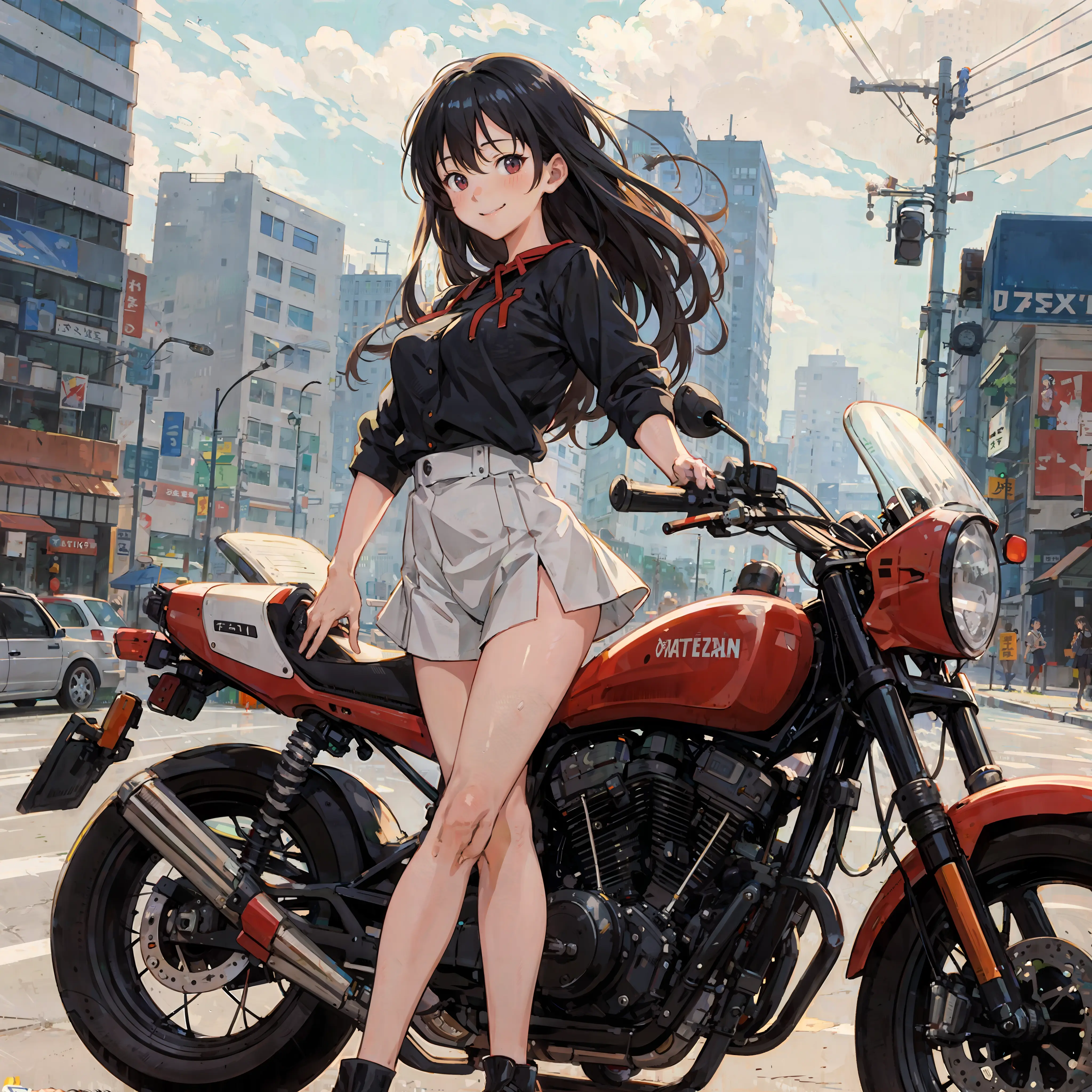 Raw,illustration with brushstrokes,official art,(hatching \(texture\)),(muted color,partially colored:0.8),detailed hatching,(drawing_trace),flat color,1990s \(style\),recolored, vintage photo, film photo
neon genesis evangelion,
1girl, , huge breasts, black long hair, bangs, light smile, close up, smile, city street background, art by sadamoto Yoshiyuki, motorcycle,