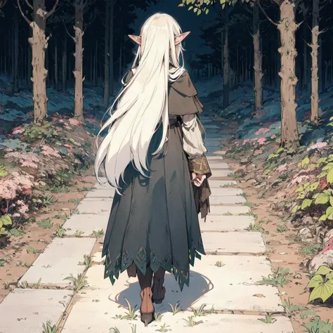 Raw,illustration,(muted color,partially colored:0.8),(hatching \(texture\)),detailed linear hatching,official art,recolored,flat color,
1girl,elf,full body,forest,village,night,wolf,from behind,from above,