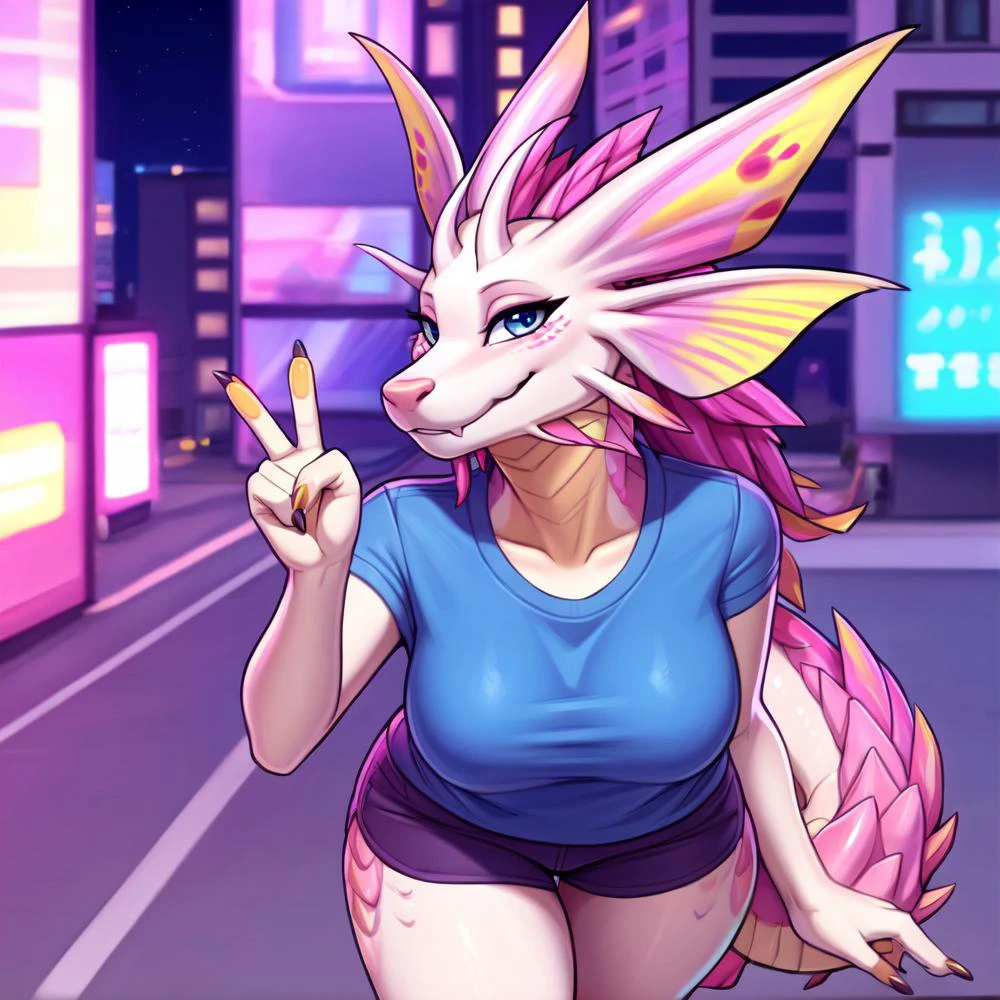 anthro, female, mizutsune, ((facing viewer, looking at viewer)), high angle:0.8, close up, short clothes, walking, leaning forward, smiling, winking, hand sign, city background, stylized tail, mizutsune tail, <lora:MH_Mizutsune_a7_8_VPred:1>, flat colors, cel shading, outline, digital media \(artwork\):1.0, by woolrool, crayon \(artist\), buta99,, hi res, soft shading, detailed face, good anatomy 1tail, tail:1, cinematic lighting, detailed background, beautiful eyes