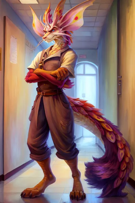 <lora:MH_Mizutsune_a6:1> mizutsune, blue eyes, red pupils, tail, male, anthro, in school hallway, ((grumpy, annoyed)), in janitor cloths, looking at viewer, barefoot, digitigrade, linework, in color, standing, legs together, crossed arms
by don bluth,
by leonid afremov