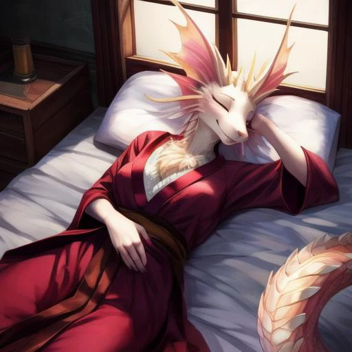 character portrait of a sexy, adult, (female:1.4), (anthro:1.2), mizutsune, thin, hi res, soft shading, detailed face, good anatomy, detailed scales, detailed fur, 1tail, (tail:1.3), cinematic lighting, by woolrool, crayon \(artist\), buta99, athletic, red kimono, detailed background, (chest tuft:1.1), inn, window, moonlight, sleeping in bed, eyes closed, high angle, smiling, laying down,
