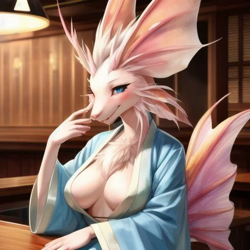 character portrait of a sexy, adult, (female:1.4), (anthro:1.2), mizutsune, thin, hi res, soft shading, detailed face, good anatomy, detailed scales, detailed fur, 1tail, (tail:1.3), cinematic lighting, by woolrool, crayon \(artist\), buta99, breasts, athletic, kimono, detailed background, blue eyes, red pupils, (chest tuft:1.3), inn, outdoors, onsen, leaning on table, back view, smiling