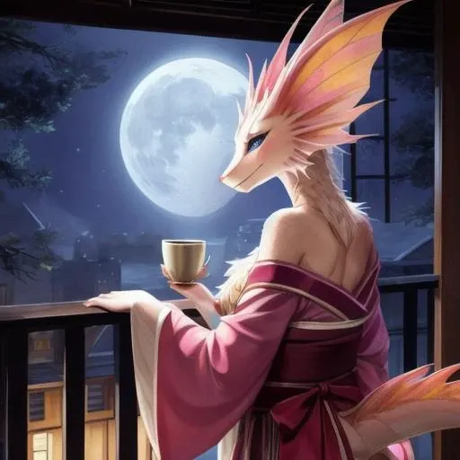 character portrait of a sexy, adult, (female:1.4), (anthro:1.2), mizutsune, thin, hi res, soft shading, detailed face, good anatomy, detailed scales, detailed fur, 1tail, (tail:1.3), cinematic lighting, by woolrool, crayon \(artist\), buta99,  athletic, kimono, detailed background, blue eyes, red pupils, (chest tuft:1.3), inn, outdoors, leaning over balcony, moonlight, tea, back view,