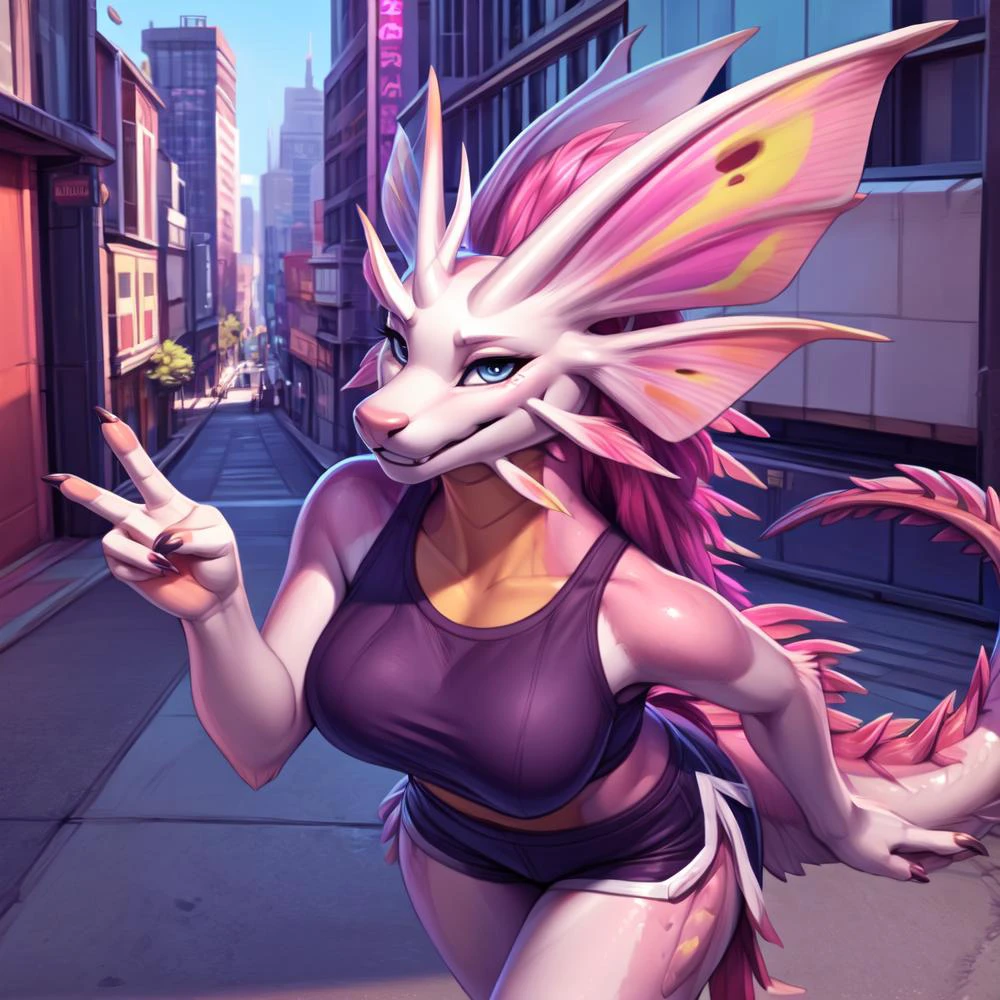 anthro, female, mizutsune, ((facing viewer, looking at viewer)), high angle:0.8, close up, short clothes, walking, leaning forward, smiling, winking, hand sign, city background, stylized tail, <lora:MH_Mizutsune_a7_8_VPred:1>, hi res, soft shading, detailed face, good anatomy 1tail, tail:1, cinematic lighting, detailed background, beautiful eyes, flat colors, cel shading, outline, digital media \(artwork\):1.0, by woolrool, crayon \(artist\), buta99,, by personalami, by zephyxus, by darkgem, by null-ghost,