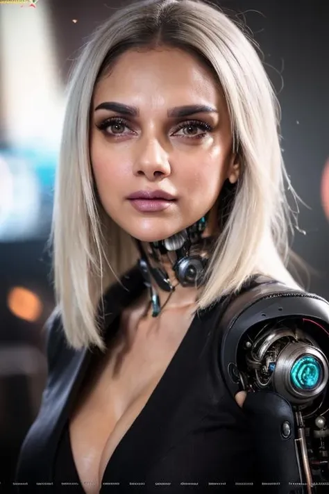 (photo of a gorgeous woman), (professional photography), (cyberpunk background), ((as a sexy cyborg girl)), detailed face, (medium body portrait), (white hair), masterpiece, best quality, (eye contact), (looking at the viewer), centred, (shot from front), ((cinematic lighting)), blurred_background, proportional, <lora:Aditi_Rao-10:0.85>