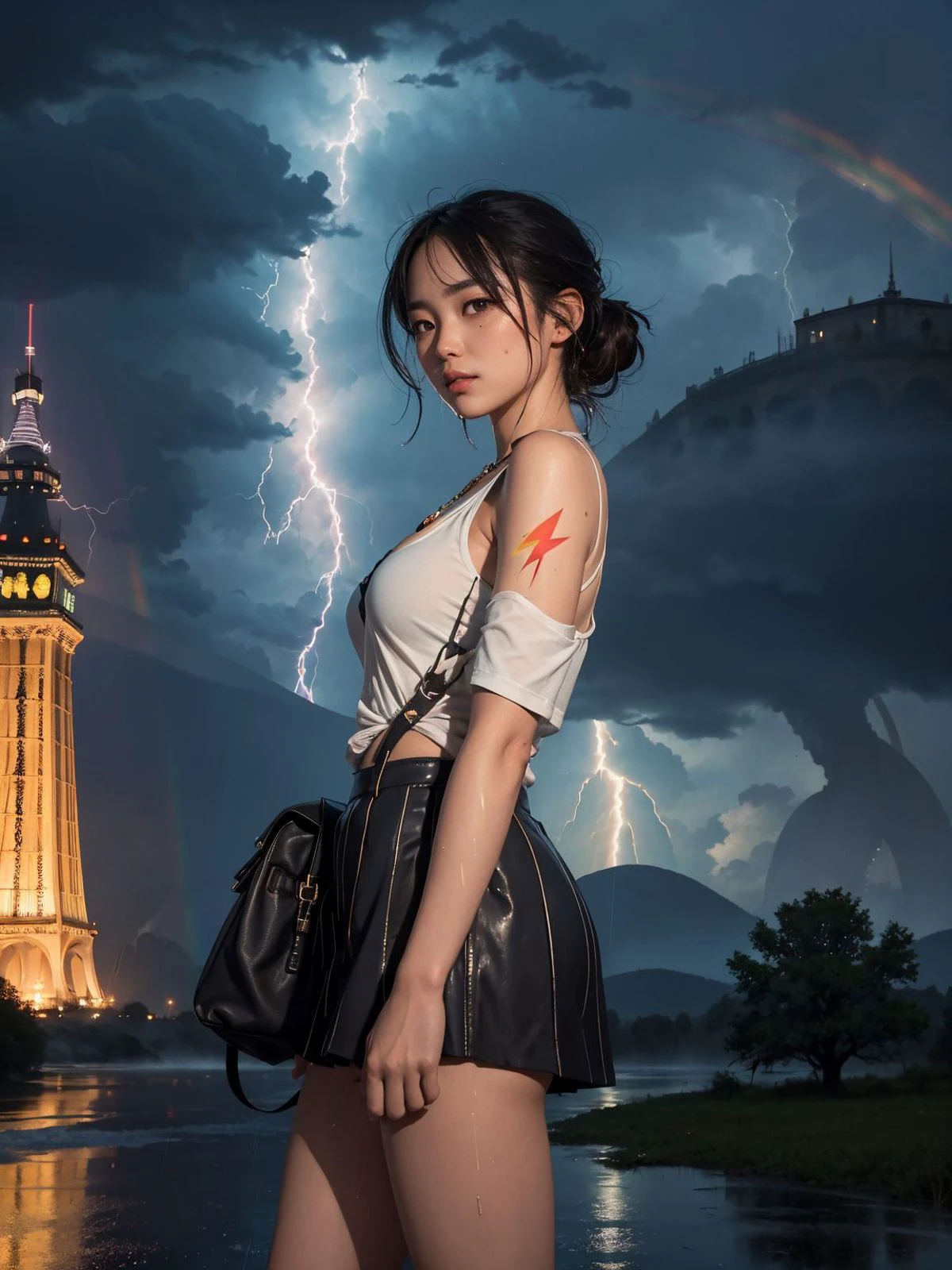 1 japanese girl, towpath, underpass, walking, cowboy shot, cleavage, tank top shirt, short skirt, sneaker, look at viewer, pose for photo, wrist watch, necklace, sunglass on head, long blunt bob hair, (oak tree in backgorund:1.4), (rain cloud:1.5), (hurricane:1.3), (mountain in background:1.4), (lightning strike on mountain:1.4), (big tower in mist:1.5), (rainbow:1.4), (head to shoulder shot:1.4), (((medium full shot:1.5))),, (Rim lighting:1.4), volumetric