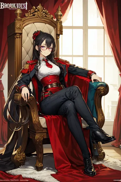 <lora:brd:1>, ultra detailed, masterpiece, best quality, solo, smug smile, sitting, crossed legs, throne room, red banner, 1girl, purple eyes, red-framed eyewear, (black hair, red colored tips:1.2), red streaked hair, very long hair, side ponytail, tied hair, medium breasts, coat on shoulders, red dress, sleeves rolled up, fingerless gloves, holster, belt, multiple belts, combat boots, bulletproof vest, pants, black coat, tactical clothes,