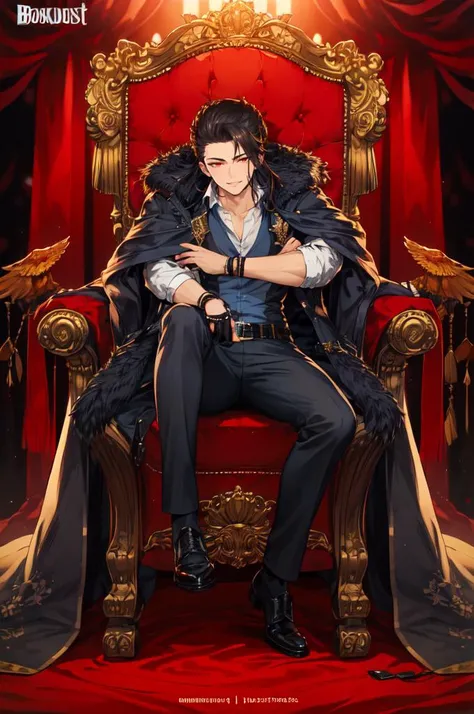 <lora:brd:1> (solo:1.3),, ultra detailed, masterpiece, best quality, solo, smug smile, sitting, arm rest, head on hand, throne room, red banner, black and red theme, 1boy, red eyes, <lora:Tsurime3:1>, (tsurime:1.2), black hair, undercut, top knot, parted bangs, long bangs, bangs, short hair, hair intakes, tall, (coat on shoulders:1.3), dress shirt, sleeves rolled up, fingerless gloves, holster, pants, belt, multiple belts, combat boots, bulletproof vest, tactical clothes,