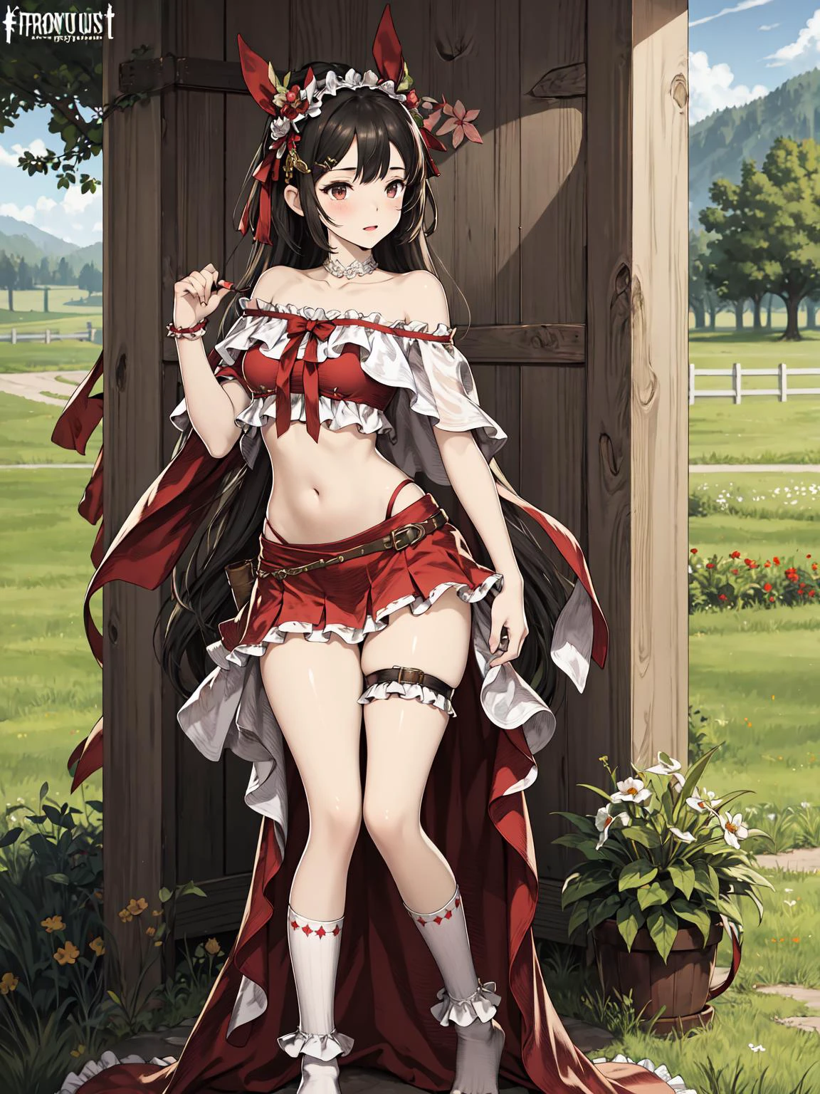 1girl, solo,outdoors, farm,girl,best quality,masterpiece,fantasy,microskirt,dress,off_shoulder,hair_ornament,navel,frills,navel,toe_socks,,medium_breasts,hug,<lora:brd-10:1>