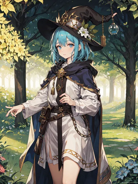 male,outdoors, forest,fantasy,mage,cloak,effect,hat,<lora:brd-10:1>