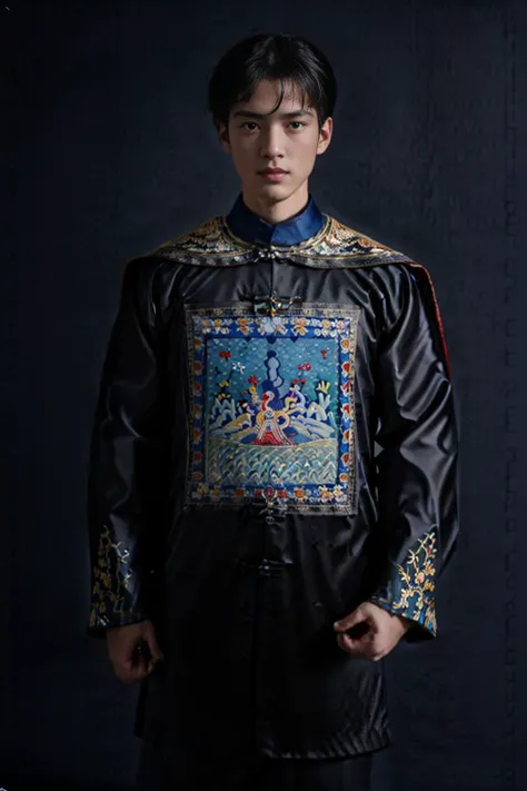 handsome male,solo,look at viewer,full body, chinese mandarin court necklace beads,auspicious cloud pattern embroidery pants,chinese qing dynasty official fifth grade military officials uniform,kylin embroidery,<lora:qingchaoguanfu:0.8>