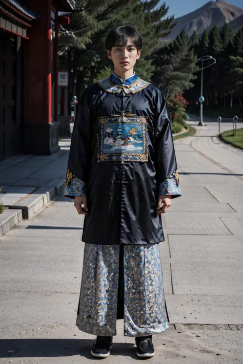 handsome male,solo,look at viewer,full body, chinese mandarin court necklace beads,auspicious cloud pattern embroidery pants,chinese qing dynasty official fifth grade military officials uniform,kylin embroidery,<lora:qingchaoguanfu:0.6>