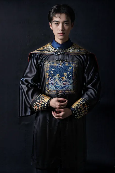 handsome male,solo,look at viewer,full body, chinese mandarin court necklace beads,auspicious cloud pattern embroidery pants,chinese qing dynasty official fifth grade military officials uniform,kylin embroidery,<lora:qingchaoguanfu:0.8>